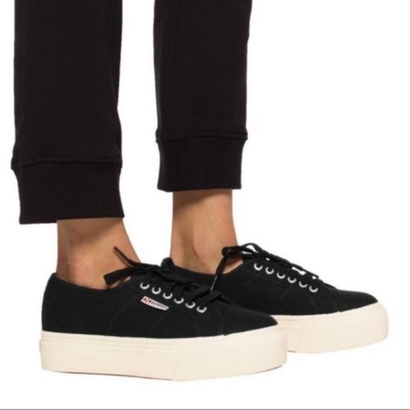 Superga Black Platform Lace Up Sneakers - Picture 1 of 8